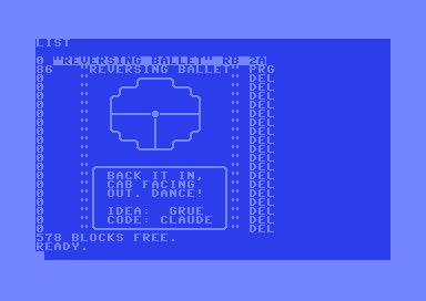 Disk directory listing: the game file, then a steering wheel and a note card drawn with PETSCII characters.
