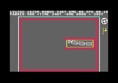 Level 12: the truck and three trailers parked in a long yellow dock; the message line shows the score for the level.