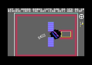 Level 7: the truck reversing towards the gap between two parked trucks, a black oil slick in front of the dock.