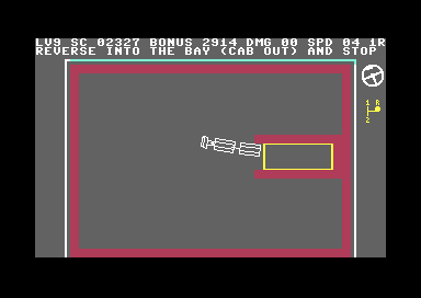Level 9: truck with two trailers reversing at a slight angle towards a long dock.