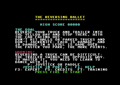 Title screen with the goal, a warning about reversing, and the menu keys.